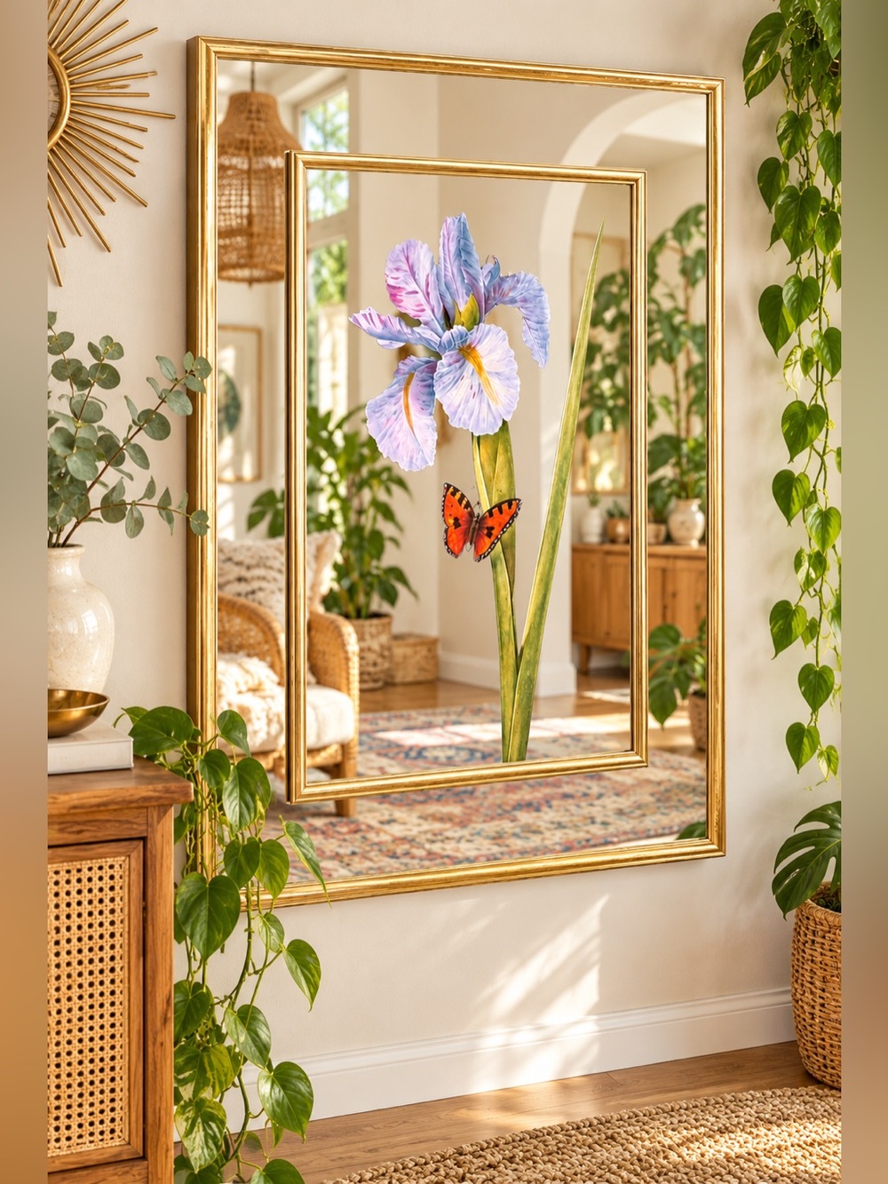 Vintage Butterfly Floral Wall Mirror Lily Gold Framed Cottagecore Boho 16x21"